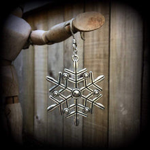 Load image into Gallery viewer, Snowflake ear hangers Christmas ear weights Winter Snow Kitsch Kawaii Boho Plug earrings Tunnel dangles Gauged earrings Hanging gauges 0g 2g