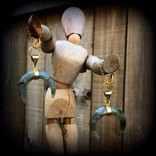 Load image into Gallery viewer, Labradorite earrings Gemstone earrings Tunnel dangles Crystal Quartz Crescent moon earrings Boho earrings Dangle earrings Gauged earrings 2g