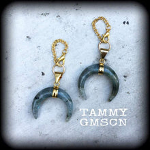 Load image into Gallery viewer, Labradorite earrings Gemstone earrings Tunnel dangles Crystal Quartz Crescent moon earrings Boho earrings Dangle earrings Gauged earrings 2g