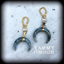 Load image into Gallery viewer, Labradorite ear hangers Gemstone ear weights Tunnel dangles Crystal Quartz Crescent moon Plug dangles Hanging gauges Gauged earrings 0g 2g