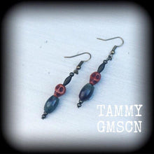 Load image into Gallery viewer, Skull earrings Voodoo Loa Papa Legba earrings Stone Bronze Jasper Tunnel earrings Dangle earrings Pierced ears Tunnel dangles Plug earrings
