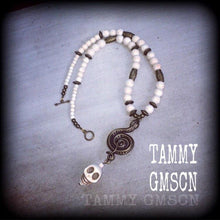 Load image into Gallery viewer, Damballah necklace Snake necklace Skull necklace 'Ascending Snake'  Voodoo Loa Goddess White howlite stone skull and antique bronze necklace