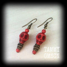 Load image into Gallery viewer, Kali earrings, Goddess earrings, Hindu Goddess jewelry, Red skull earrings, Hindu earrings, Kali Aarti jewelry, Tunnel dangles, Ear hangers