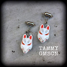 Load image into Gallery viewer, 0 gauge tunnel earrings Kitsune ear hangers 8mm ear weights Inari Fox Plug dangles 6mm tunnel dangles Hanging gauges 3mm gauged earrings 8g