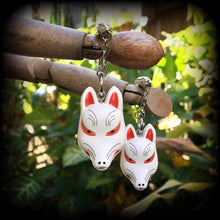 Load image into Gallery viewer, 0 gauge tunnel earrings Kitsune ear hangers 8mm ear weights Inari Fox Plug dangles 6mm tunnel dangles Hanging gauges 3mm gauged earrings 8g