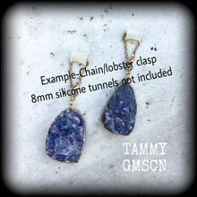 Load image into Gallery viewer, Druzy earrings 0 gauge ear hangers Crystal earrings Gemstone earrings Quartz earrings Plug earrings Tunnel dangles Hanging gauges 8mm 10mm