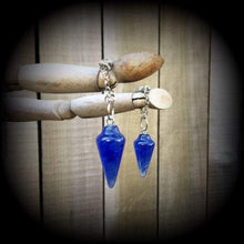 Load image into Gallery viewer, Blue cherry Quartz Earrings Blue Earrings Gemstone Goddess Boho Wicca Pendulum earrings Crystal earrings Pierced Ears Tunnel dangles 2g 4g