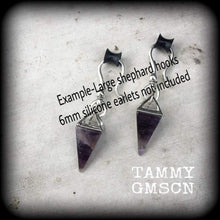 Load image into Gallery viewer, Amethyst earrings, Quartz earrings, Purple earrings, Amethyst jewelry, Plug earrings, Tunnel earrings, Dangle Earrings, Boho earrings