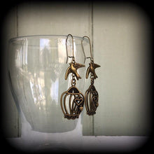 Load image into Gallery viewer, Bird cage earrings Tattoo jewelry Swallow earrings Dove earrings Blue bird jewelry Sailor Jerry 3mm Tunnel dangles 8 gauge Plug dangles 6mm