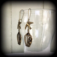 Load image into Gallery viewer, Bird cage earrings Tattoo jewelry Swallow earrings Dove earrings Blue bird jewelry Sailor Jerry 3mm Tunnel dangles 8 gauge Plug dangles 6mm