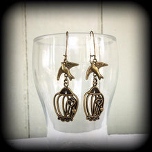 Load image into Gallery viewer, Bird cage earrings Tattoo jewelry Swallow earrings Dove earrings Blue bird jewelry Sailor Jerry 3mm Tunnel dangles 8 gauge Plug dangles 6mm