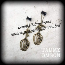 Load image into Gallery viewer, Bird cage earrings Tattoo jewelry Swallow earrings Dove earrings Blue bird jewelry Sailor Jerry 3mm Tunnel dangles 8 gauge Plug dangles 6mm