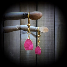 Load image into Gallery viewer, Pink Druzy Tunnel dangles  Gemstone ear hangers Quartz Plug dangles Hanging gauges Plug gauges Gauged earrings Ear weights 00g 0g 2g 4g
