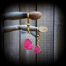 Load image into Gallery viewer, Pink Druzy Tunnel dangles  Gemstone ear hangers Quartz Plug dangles Hanging gauges Plug gauges Gauged earrings Ear weights 00g 0g 2g 4g