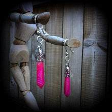 Load image into Gallery viewer, Gemstone ear weights 2 gauge ear hangers Pink agate tunnel dangles Stone 4 gauge Plug dangles Gauged earrings Hanging gauges Gauges 00g 0g