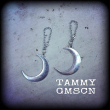 Load image into Gallery viewer, 4mm ear hangers 6 gauge plug dangles Crescent moon tunnel dangles Cresent moon gauged earrings Hanging gauges Tunnel earrings Plug earrings
