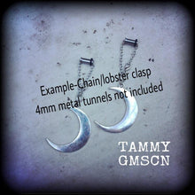 Load image into Gallery viewer, 4mm ear hangers 6 gauge plug dangles Crescent moon tunnel dangles Cresent moon gauged earrings Hanging gauges Tunnel earrings Plug earrings