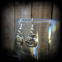 Load image into Gallery viewer, Halloween Earrings Pumpkin Earrings Jack O' Lantern Pumpkin Dangle earrings Pumpkinhead Zombie Horror Movie Pierced ears Samhain Los Muertos