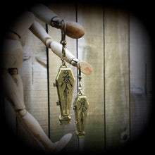 Load image into Gallery viewer, Coffin earrings Halloween earrings Skeleton earrings Plug earrings Bronze Tunnel earrings Jack Skellington Ear hangers Horror movie Cosplay