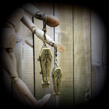 Load image into Gallery viewer, Coffin ear hangers Halloween ear weights Skeleton tunnel dangles Coffin plug dangles Jack Skellington Hanging gauges Gauged earrings 0g 00g