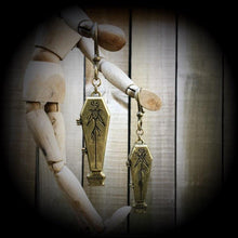 Load image into Gallery viewer, Coffin earrings Halloween earrings Skeleton earrings Plug earrings Bronze Tunnel earrings Jack Skellington Ear hangers Horror movie Cosplay