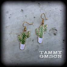 Load image into Gallery viewer, Cactus earrings Succulent earrings Plant jewelry Vegan earrings Plug earrings Tunnel earrings Leverback hooks Kidney hooks Gauged earrings