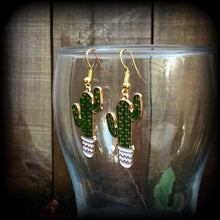 Load image into Gallery viewer, Cactus earrings Succulent earrings Plant jewelry Vegan earrings Plug earrings Tunnel earrings Leverback hooks Kidney hooks Gauged earrings