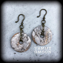 Load image into Gallery viewer, Jasper Ear weights Gemstone ear hangings Dangle gauges Stretched lobes Gauged earrings Picture Jasper Stone tapers 00g 0g 2g 4g 6g 8g