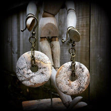 Load image into Gallery viewer, Jasper Ear weights Gemstone ear hangings Dangle gauges Stretched lobes Gauged earrings Picture Jasper Stone tapers 00g 0g 2g 4g 6g 8g
