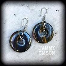 Load image into Gallery viewer, Tigers eye ear hangers Iron tigers eye Ear weights Gemstone Tunnel dangles Heavy ear weights Tunnel earrings Tunnel dangles 00g 0g 2g 4g 6g