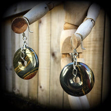 Load image into Gallery viewer, Tigers eye ear hangers Iron tigers eye Ear weights Gemstone Tunnel dangles Heavy ear weights Tunnel earrings Tunnel dangles 00g 0g 2g 4g 6g