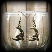 Load image into Gallery viewer, Rabbit earrings Crescent Moon earrings Animal earrings Kitsch earrings Bronze earrings Dangle earrings Pierced ears Cute earrings Gauges 2g