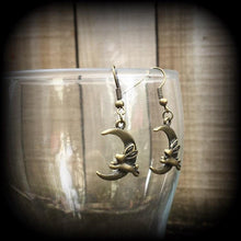 Load image into Gallery viewer, Rabbit earrings Crescent Moon earrings Animal earrings Kitsch earrings Bronze earrings Dangle earrings Pierced ears Cute earrings Gauges 2g