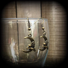 Load image into Gallery viewer, Rabbit earrings Crescent Moon earrings Animal earrings Kitsch earrings Bronze earrings Dangle earrings Pierced ears Cute earrings Gauges 2g