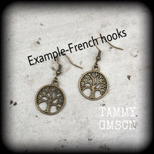 Load image into Gallery viewer, Tree of Life earrings Boho Yoga Zen Hippy Plug earrings Witchy Tunnel earrings Pagan Nature Tunnel dangles Plug dangles Ear hangers 0g 2g 4g