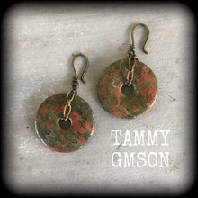 Load image into Gallery viewer, Unakite ear weights Jasper ear hangers Quartz Tunnel earrings Stone Plug earrings Tunnel dangles Hanging gauges Gauged earrings 00g 0g 2g 4g