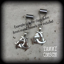 Load image into Gallery viewer, 0 gauge tunnel earrings Norse tunnel dangles 8mm plug earrings Odins Horn ear weights Asatru jewelry Hanging gauges Gauged earrings Gauges