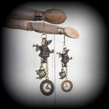 Load image into Gallery viewer, Tea Party earrings, March Hare, Mad Hatter, Rabbit jewelry, Alice in Wonderland, Clock jewelry, Plug earrings, Tunnel earrings 0g 2g 4g 6g