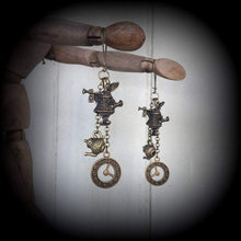 Load image into Gallery viewer, Tea Party earrings, March Hare, Mad Hatter, Rabbit jewelry, Alice in Wonderland, Clock jewelry, Plug earrings, Tunnel earrings 0g 2g 4g 6g