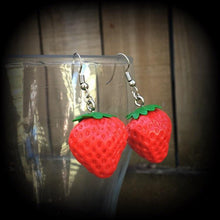 Load image into Gallery viewer, Strawberry earrings, Fruit earrings, Food jewelry, Vegan, Tunnel earrings, Novelty earrings, Plug earrings, Earrings for pierced ears