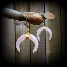Load image into Gallery viewer, Rose Quartz ear hangers Gemstone Quartz Crystal Stone Tunnel ear weights Tunnel dangles Moon Dangle earrings Gauged earrings Plug earring 0g