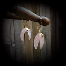 Load image into Gallery viewer, Rose Quartz ear hangers Gemstone Quartz Crystal Stone Tunnel ear weights Tunnel dangles Moon Dangle earrings Gauged earrings Plug earring 0g