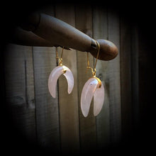 Load image into Gallery viewer, Rose Quartz earrings Gemstone Quartz Crystal Stone Tunnel earrings Tunnel dangles Crescent Moon Dangle earrings Gauged earrings Plug earring