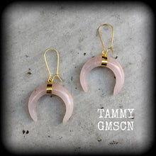 Load image into Gallery viewer, Rose Quartz ear hangers Gemstone Quartz Crystal Stone Tunnel ear weights Tunnel dangles Moon Dangle earrings Gauged earrings Plug earring 0g
