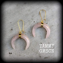 Load image into Gallery viewer, Rose Quartz earrings Gemstone Quartz Crystal Stone Tunnel earrings Tunnel dangles Crescent Moon Dangle earrings Gauged earrings Plug earring