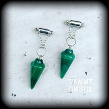 Load image into Gallery viewer, 0 gauge ear weights,  8mm weights, Green onyx, Ear hangers, Magnetic clasp, Tunnel dangles, Plug dangles, Quartz weights, Hanging gauges
