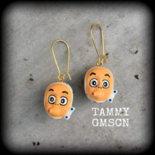 Load image into Gallery viewer, 8 gauge 3mm 6 gauge 4mm ear weights Hyottoko Ear hangers Okame Plug earrings Japanese Otafuku Plug dangles Tunnel earrings Hanging gauges 0g