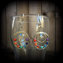 Load image into Gallery viewer, Chakra earrings Tree of Life earrings Gemstone earrings Ohm Plug earrings Pagan Tunnel earrings Wicca Esoteric Occult Yoga Tunnel dangles 2g