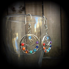 Load image into Gallery viewer, Chakra earrings Tree of Life earrings Gemstone earrings Ohm Plug earrings Pagan Tunnel earrings Wicca Esoteric Occult Yoga Tunnel dangles 2g