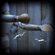 Load image into Gallery viewer, Dinosaur 3mm ear hangers Diplodocus 8 gauge tunnel earrings Tunnel dangles 6 guage earrings 4mm plug dangles 6mm ear hangers 8mm 10mmgauges